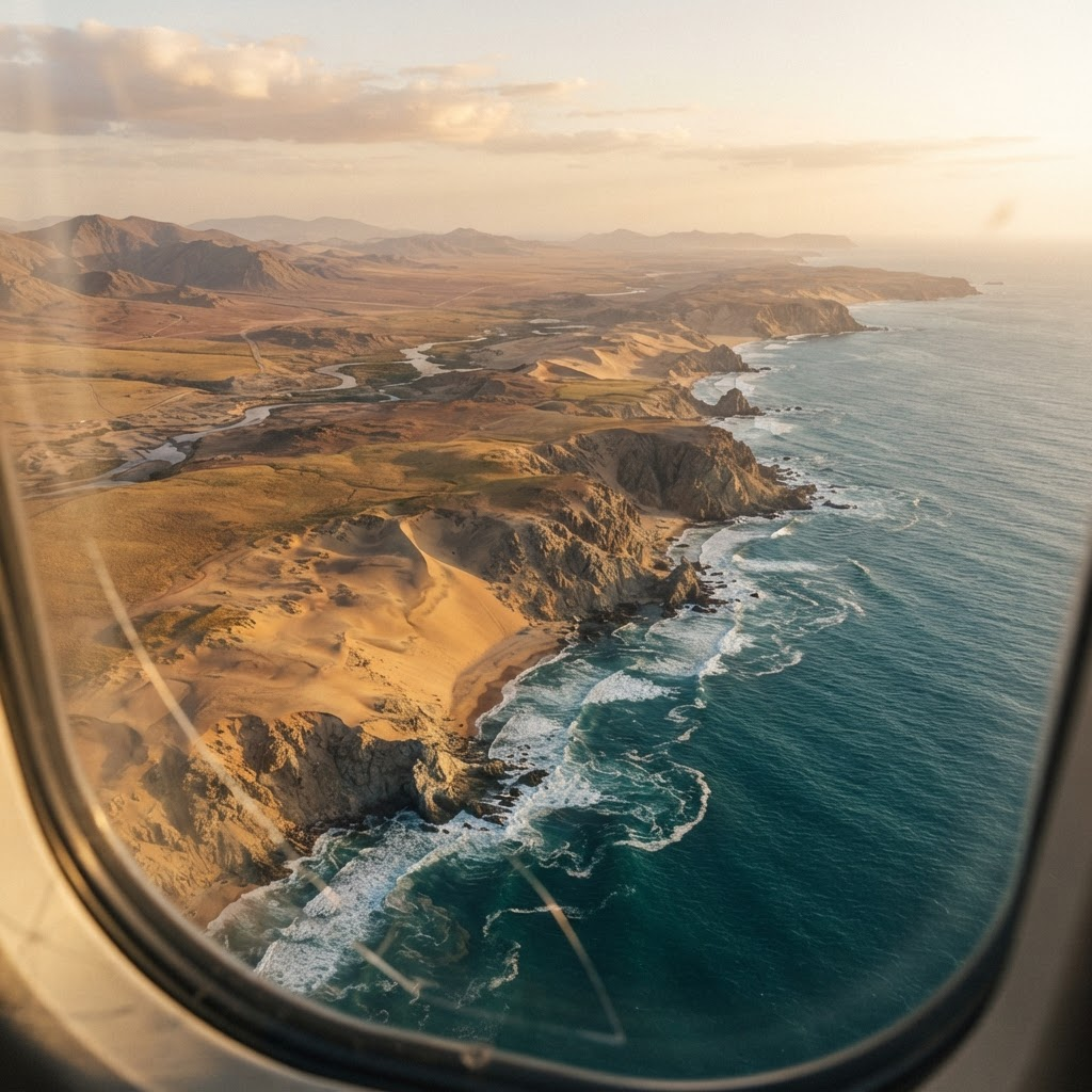 Aerial view of an African coastline from a private jet