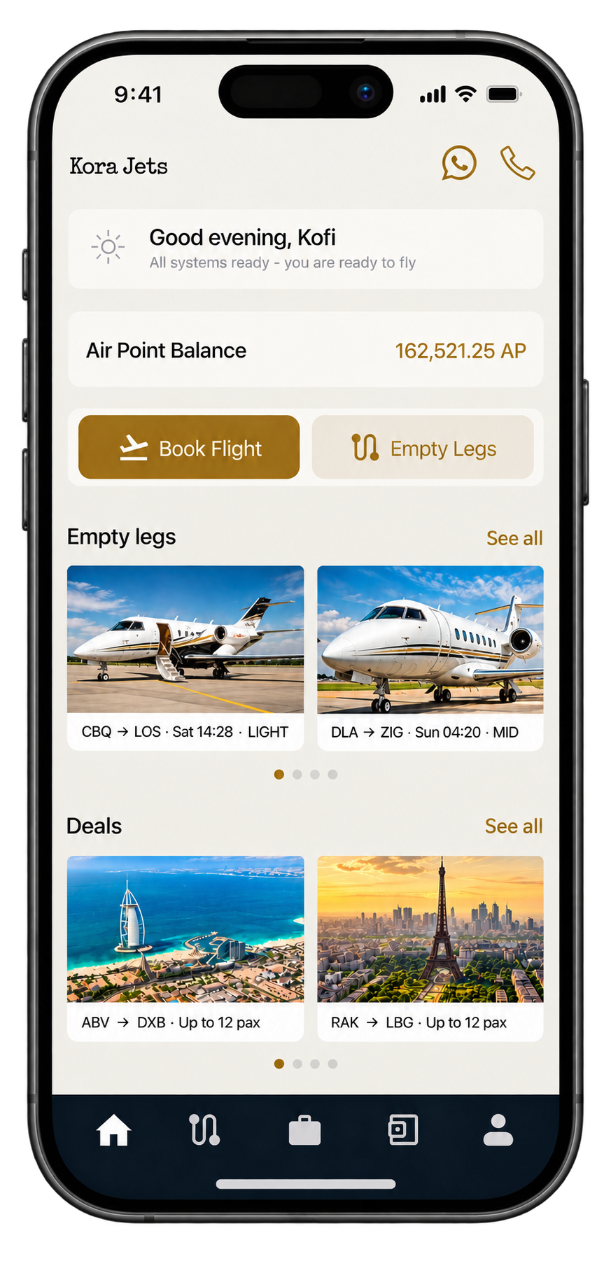 Kora Jets mobile app interface preview